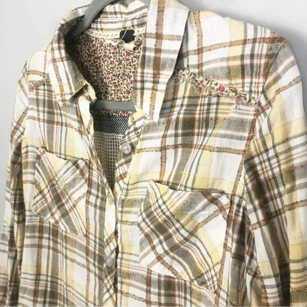 FREE PEOPLE | Park Ranger Plaid Button Down Top Knit Accents Women’s Size XS